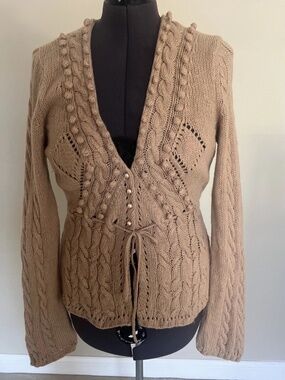 Pure Cashmere 90's Womens L Cashmere Swiss cable Knit Cardigan Sweater Brown